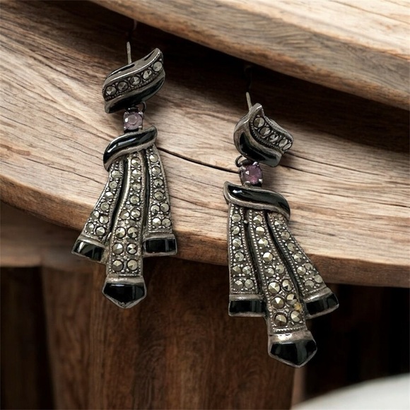 Vintage 80's Art Deco Silver and Black Sparkly Dangle Earrings - Picture 3 of 5